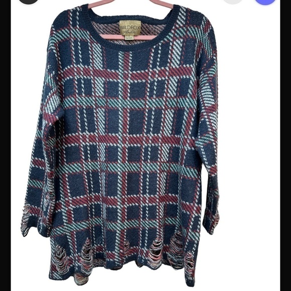 WILDFOX Whitelabel All-over Plaid Lenon Woolblend Oversized Sweater Distressed - Picture 9 of 11
